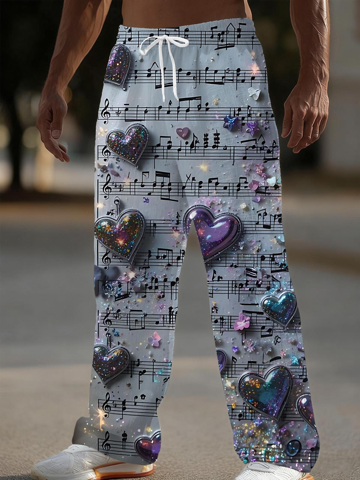 Musical Note Print Men's Casual Elastic Waist Pants
