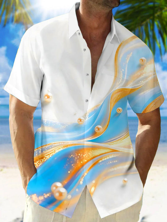 Men's blue water ripple pearl fluid art short sleeve shirt front view