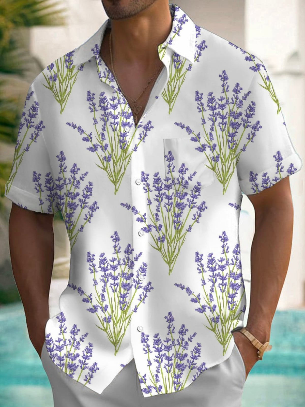 Lavender Short Sleeve Men's Shirts With Pocket