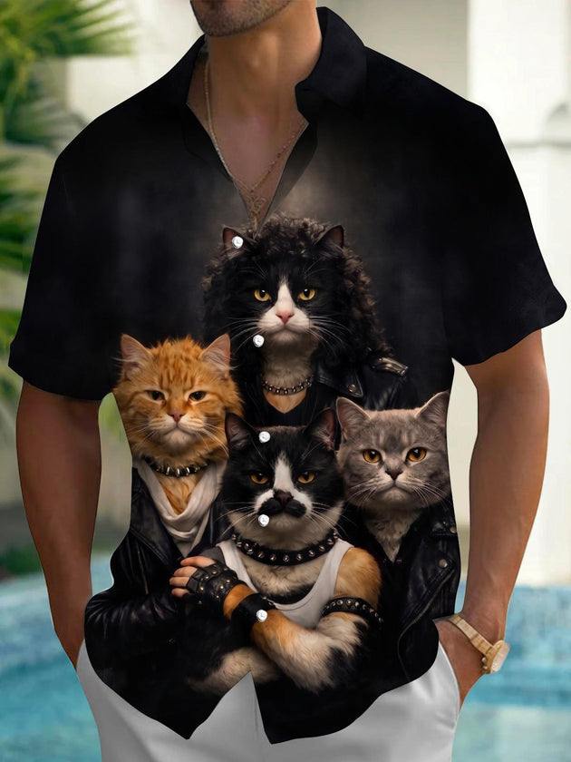 Dark Gangster Rock Cat Men's Pocket Short Sleeve Shirts