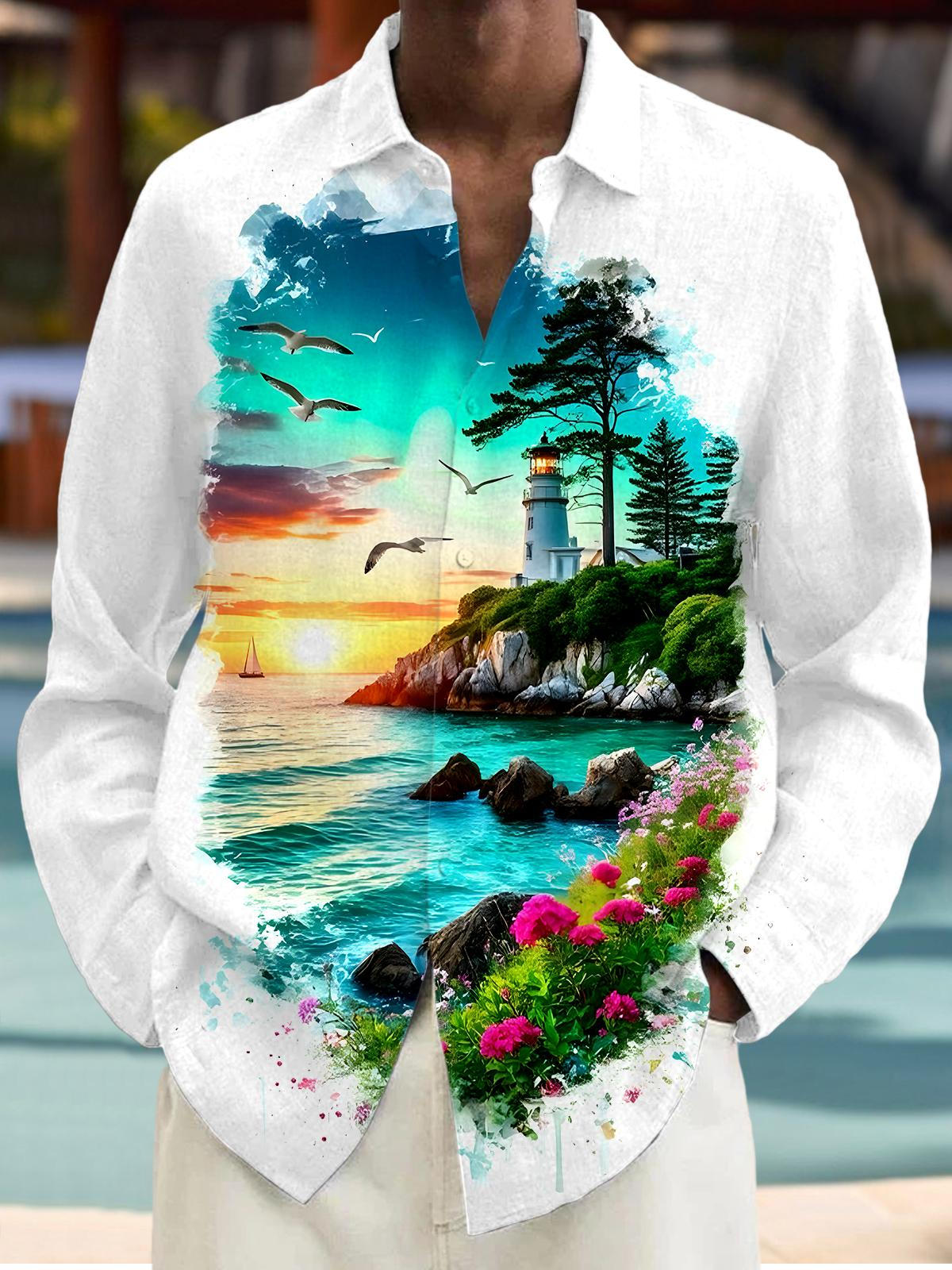 Hawaiian Lighthouse Men's Pocket Long Sleeve Shirts