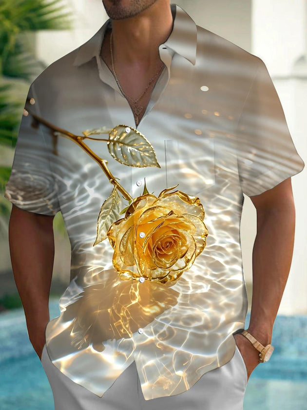 Men's gold rose print short sleeve shirt front view