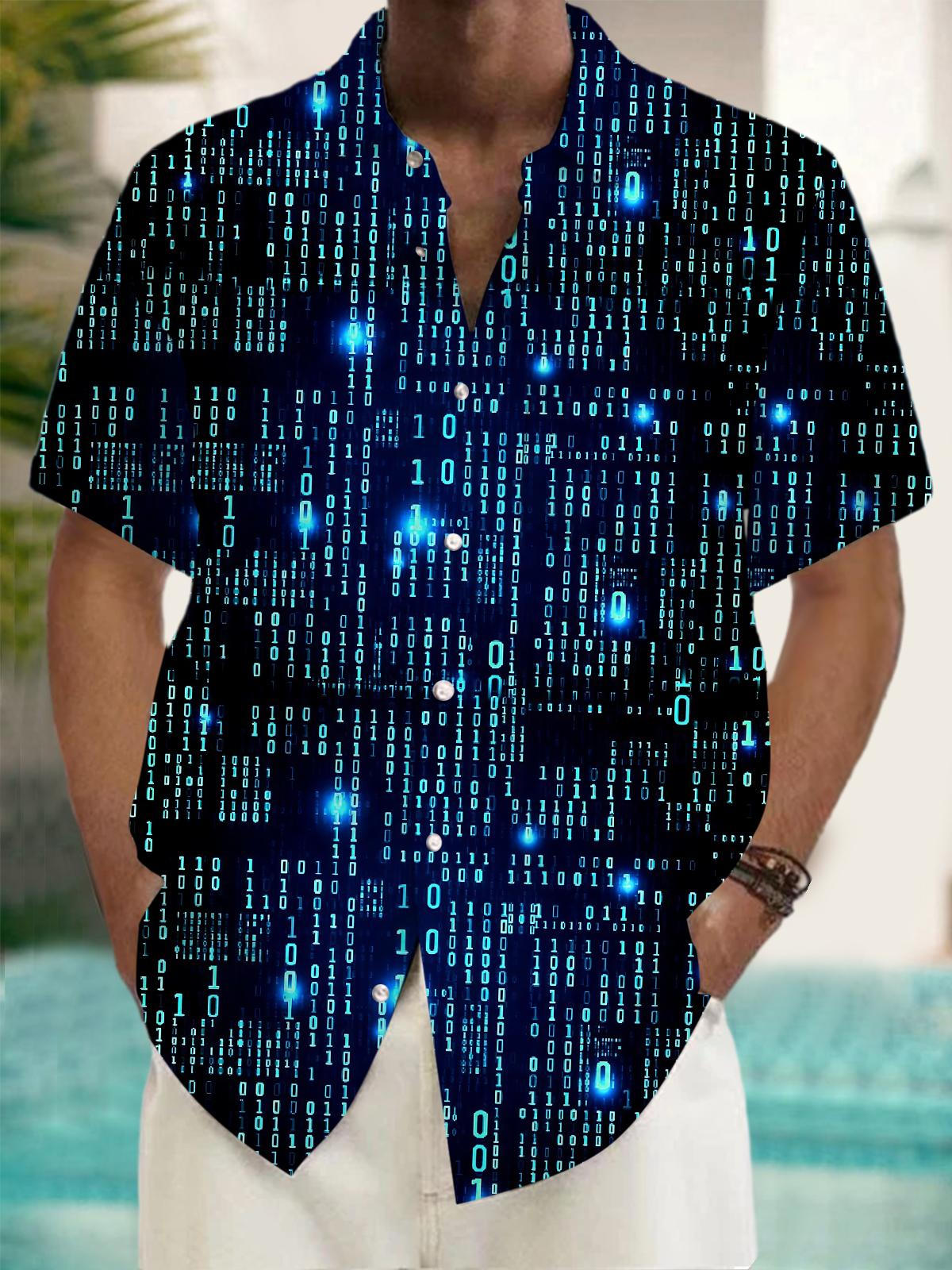 Digital Code Print Men's Pocket Short Sleeve Shirts