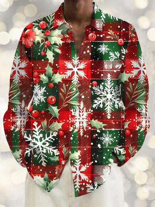Men's Christmas print pocket long sleeve shirt front view for Christmas holiday party