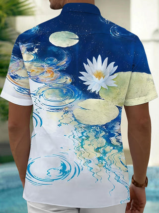 Men's short sleeve floral shirt back view with water ripple pattern