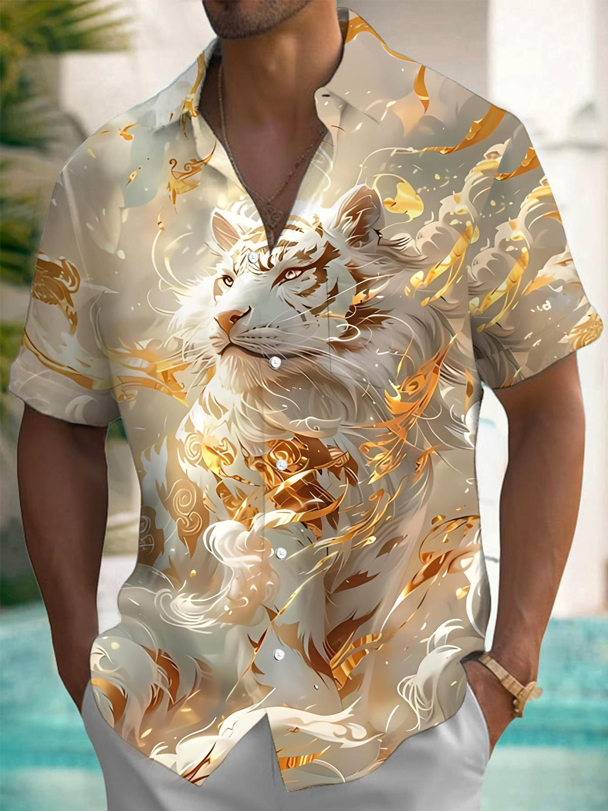 White Tiger Art Print Men's Pocket Short Sleeve Shirts