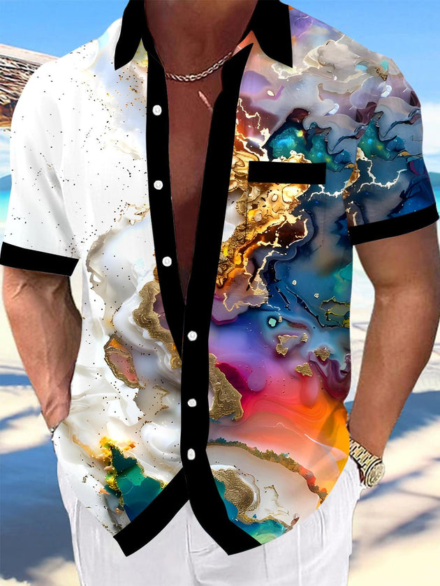 Men's abstract Hawaiian print pocket short sleeve shirt back view