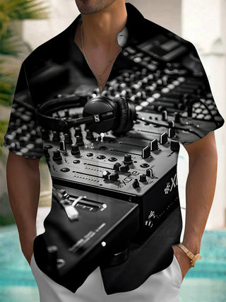 men's DJ mixer print short sleeve shirt front view