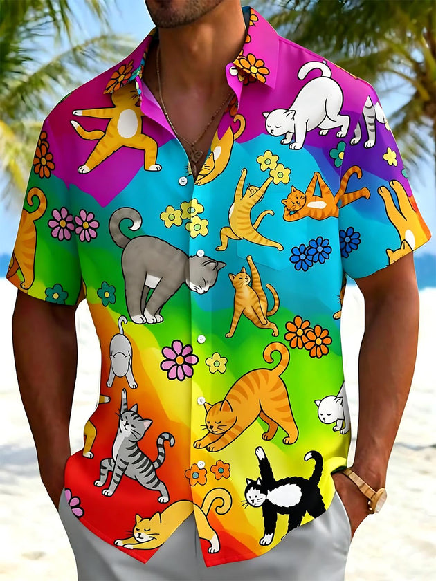 Colorful Cat Print Men's Pocket Short Sleeve Shirts