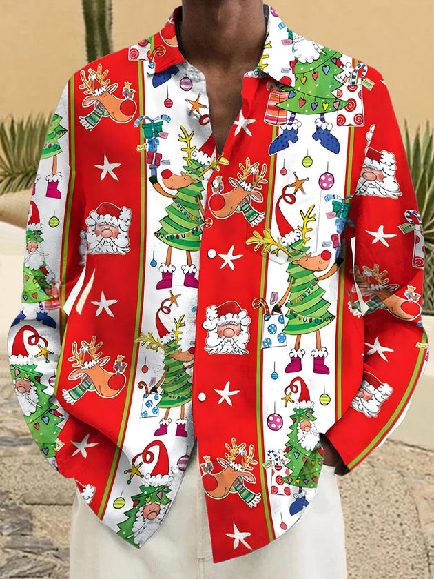 Men's Christmas tree Santa Claus deer long sleeve shirt front view Christmas holiday party