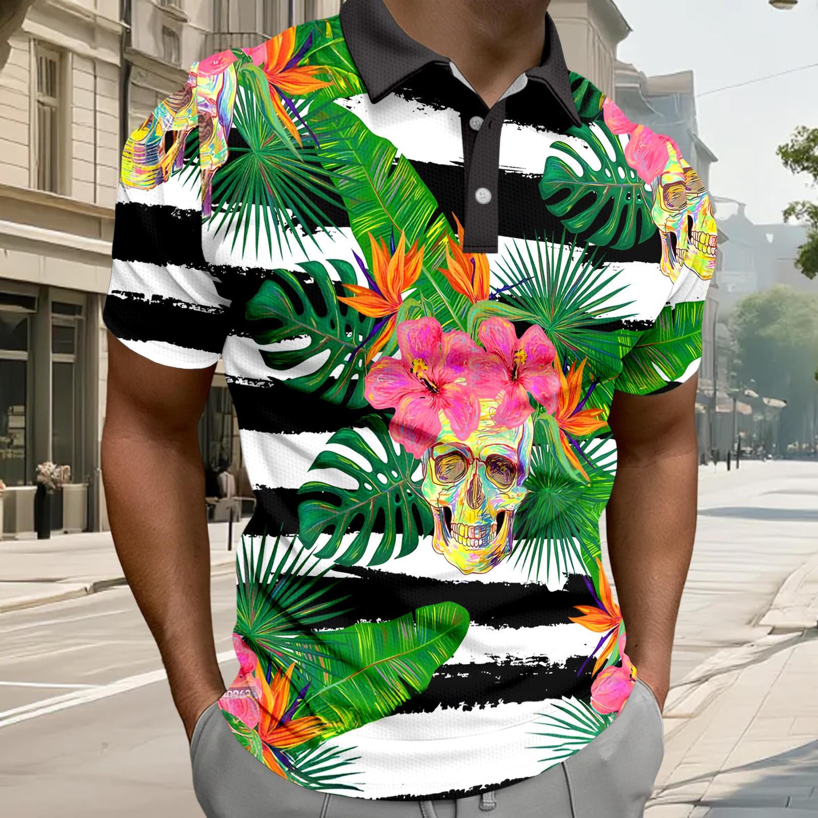 Skull Collared Tee Shirt for Men Waffle Floral Summer Short Sleeve Fashion Button Graphic Tee Shirt for Beach consistent