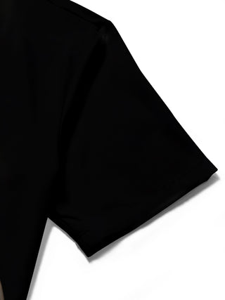 Men's guitar print short sleeve pocket shirt close-up detail of fabric and stitching