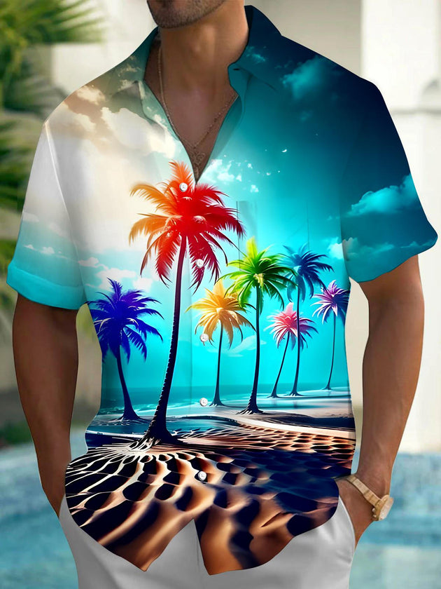Men's Hawaiian coconut tree short sleeve shirt front view for tropical beach vacation