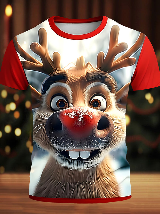 Men's Christmas deer short sleeve graphic t-shirt front view for Christmas holiday party
