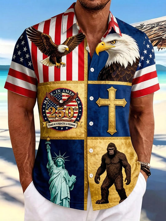 USA 250th Anniversary American Flag Eagle Statue Of Liberty Independence Day Men's Pocket Short Sleeve Shirts