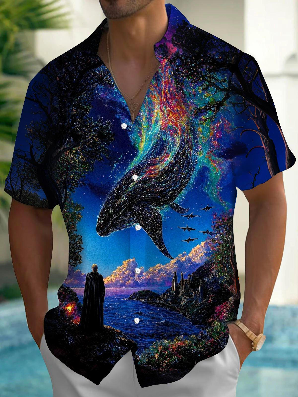 Whale Art Print Men's Pocket Short Sleeve Shirts