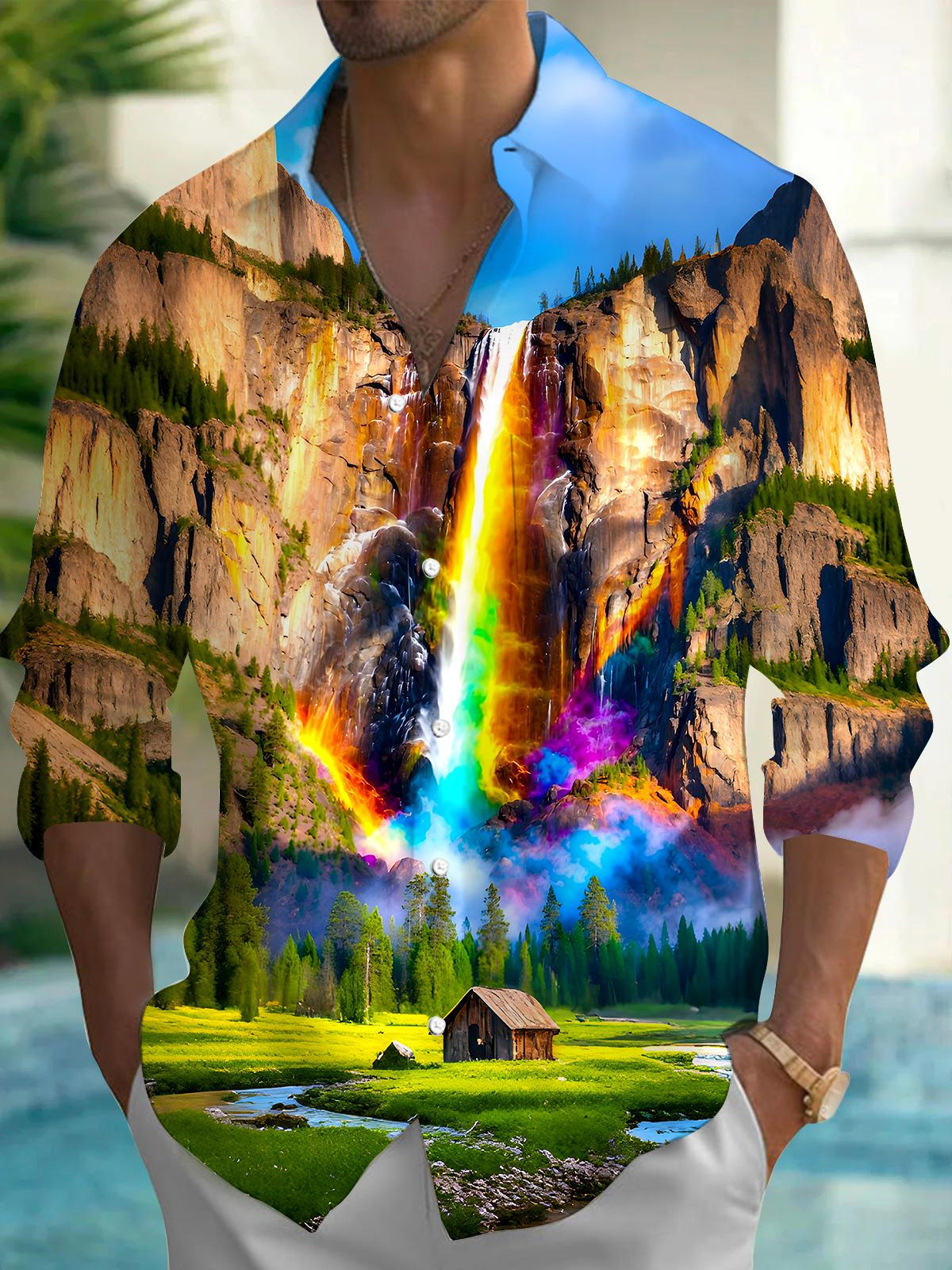 Mountain Waterfall Rainbow Men's Pocket Long Sleeve Shirts