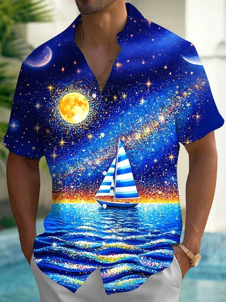 Men's short sleeve Hawaiian shirt front view for tropical beach vacation