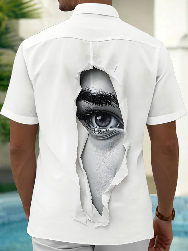 Men's face eye print pocket short sleeve shirt back view