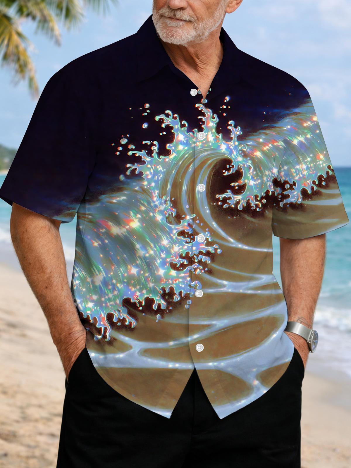 Wave Print Men's Pocket Short Sleeve Shirts