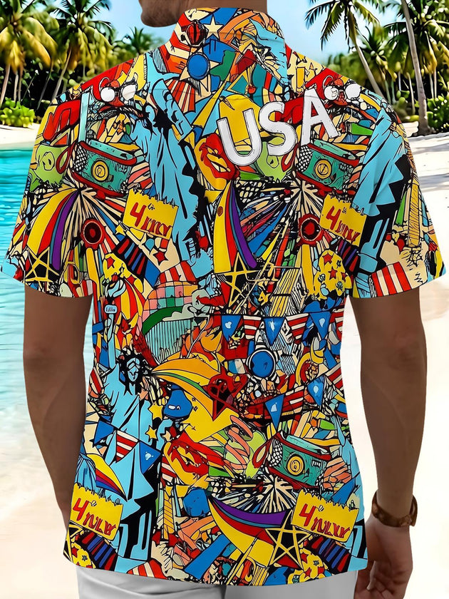 American Independence Day Colorful Graffiti Men's Pocket Short Sleeve Shirts