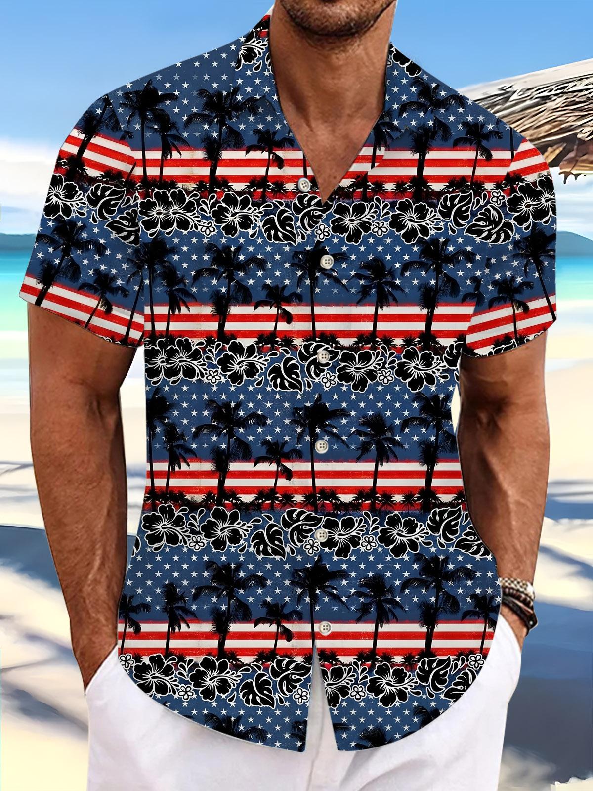 American Flag Palm Tree Flower Hawaiian Print Men's Pocket Short Sleeve Shirts