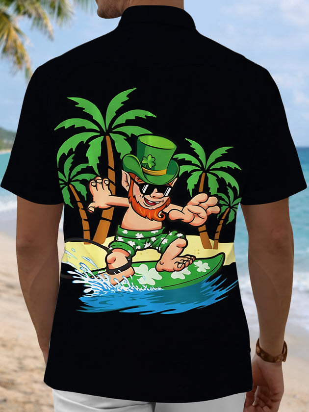 Hawaiian St. Patrick's Day Leprechaun Surfing Print Men's Pocket Short Sleeve Shirts