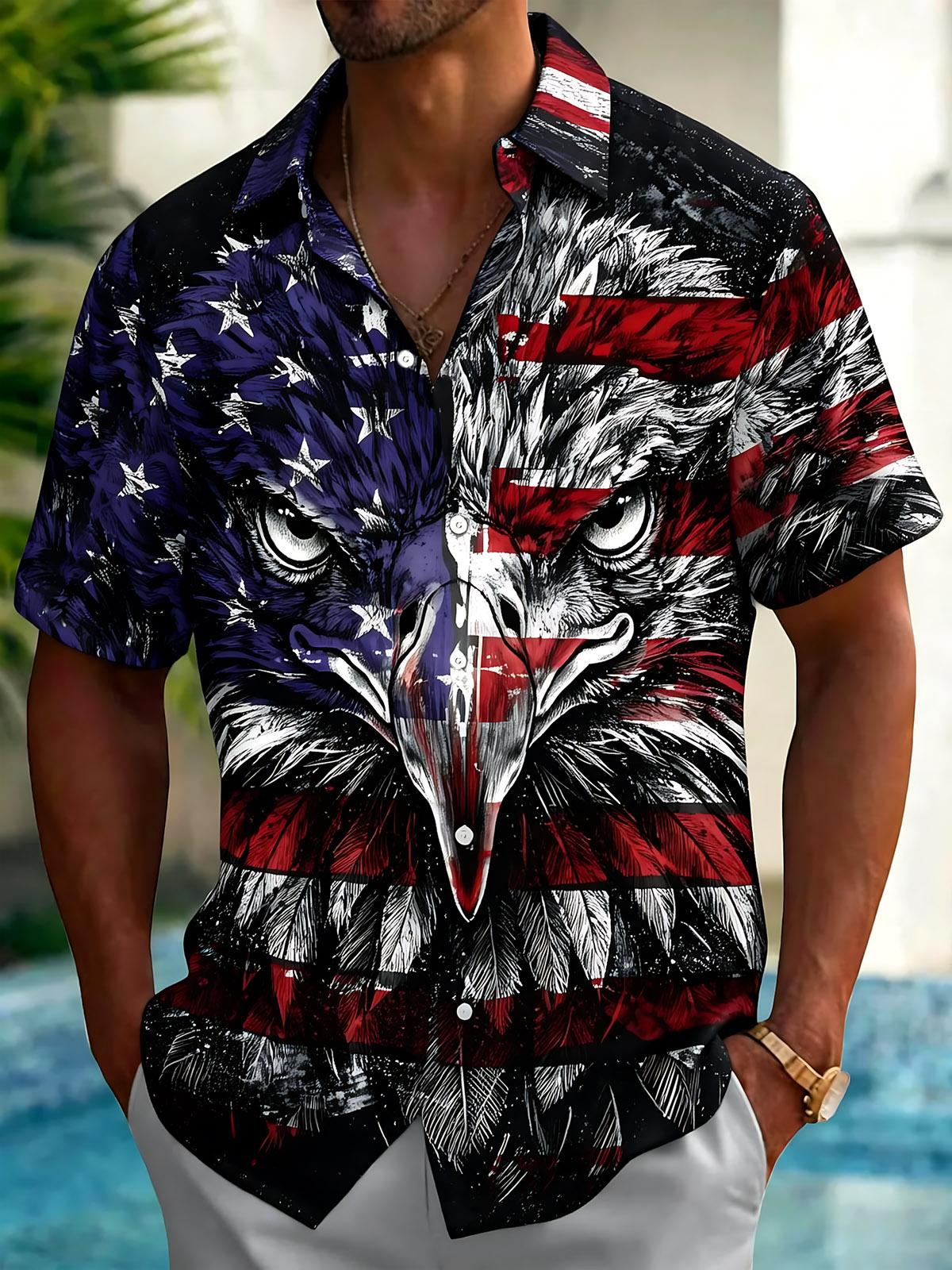 Independence Day American Flag Eagle Print Men's Pocket Short Sleeve Shirts
