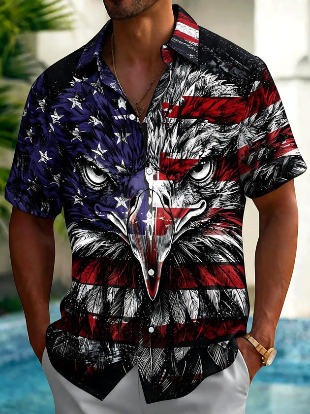 Independence Day American Flag Eagle Print Men's Pocket Short Sleeve Shirts
