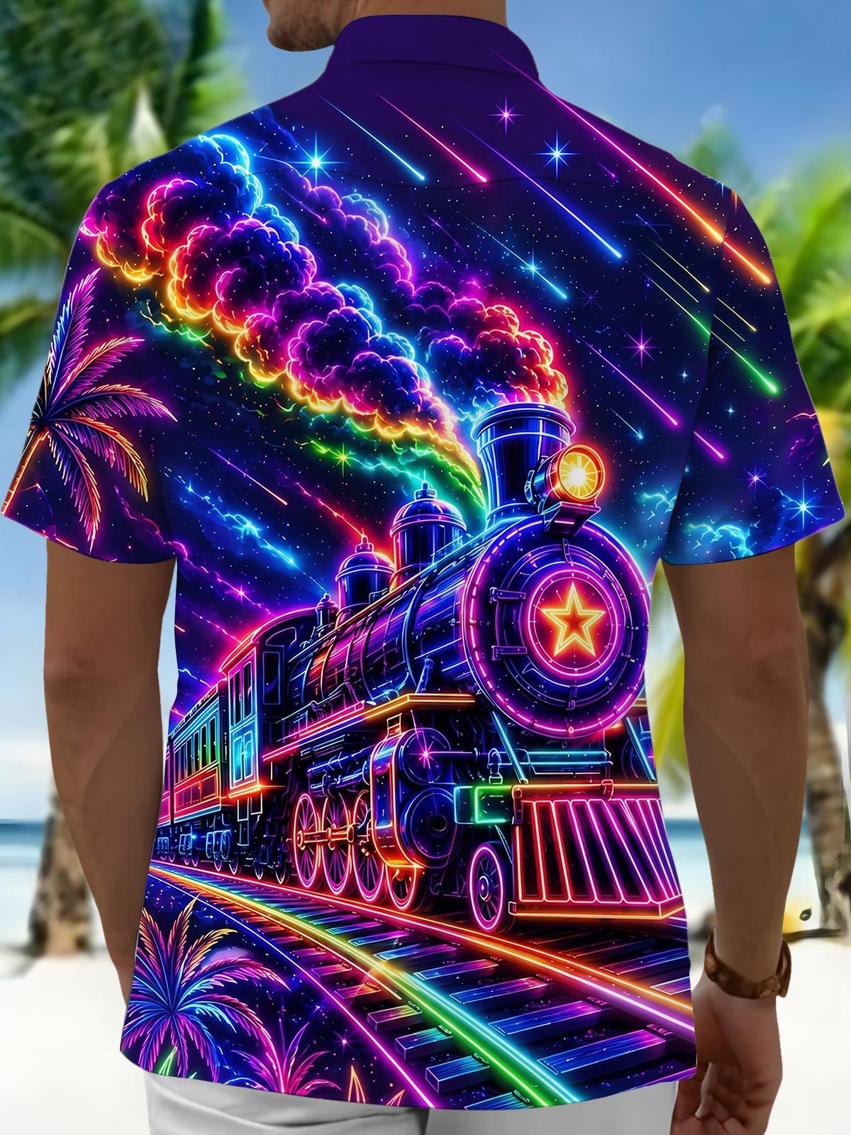 Neon Colorful Glowing Steam Train Men's Pocket Short Sleeve Shirts