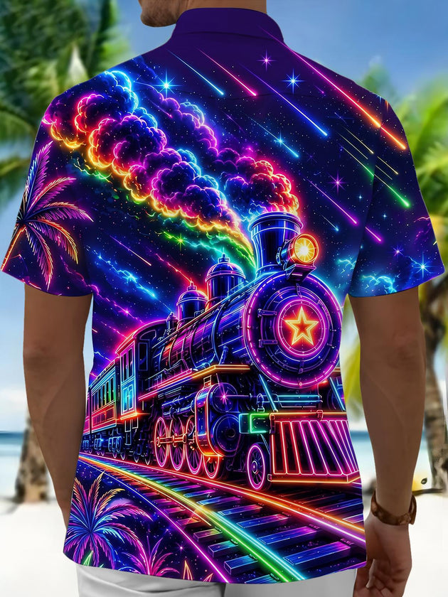 Neon Colorful Glowing Steam Train Men's Pocket Short Sleeve Shirts