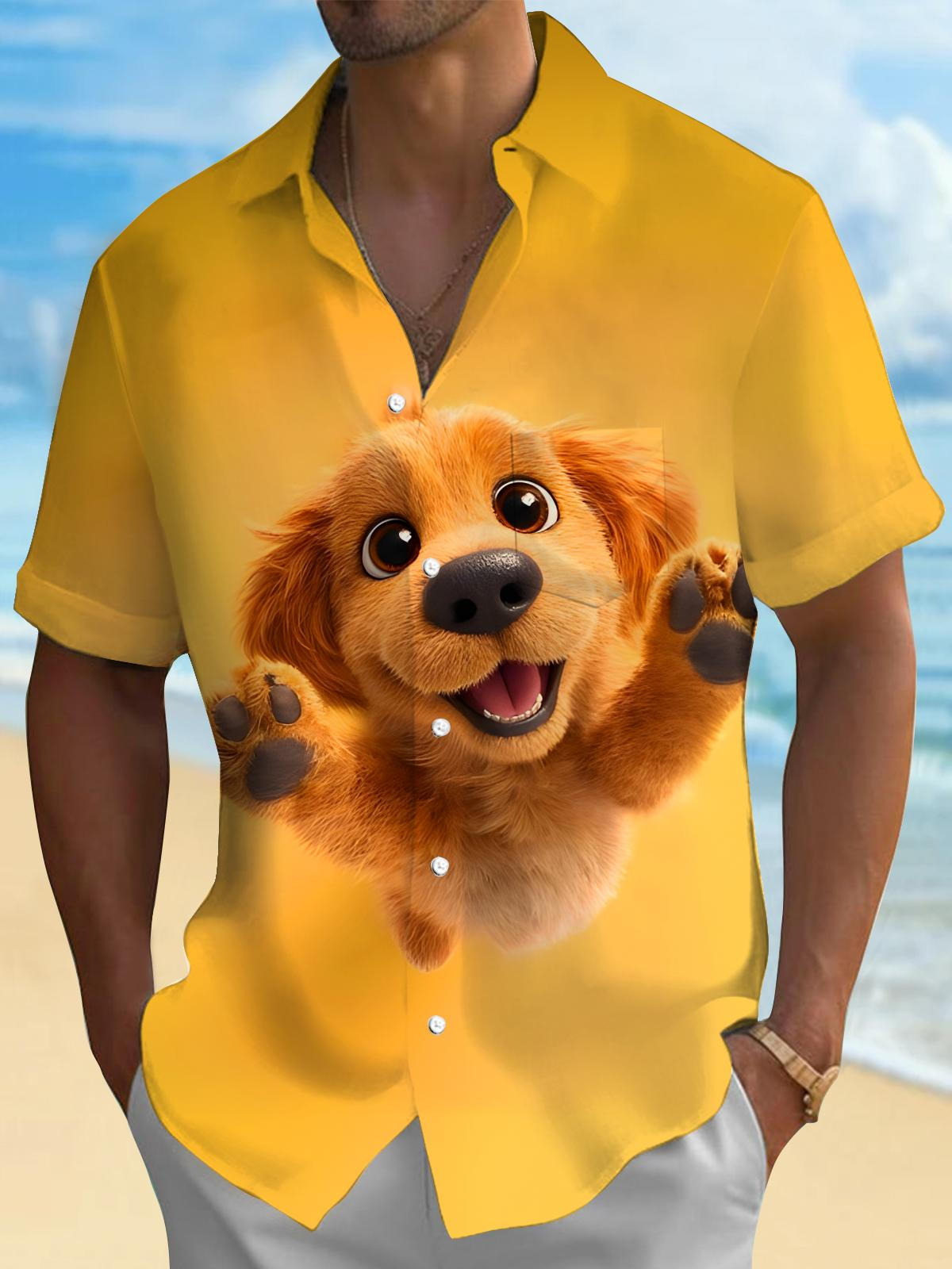 Funny Plush Puppy Men's Pocket Short Sleeve Shirts