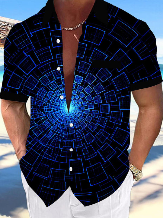 Men's short sleeve geometric print pocket shirt front view
