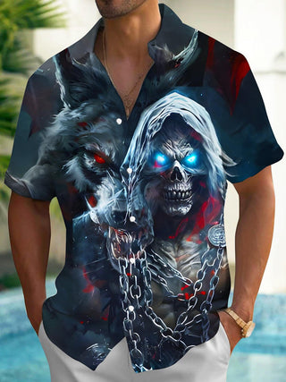 Men's dark skull print short sleeve shirt front view