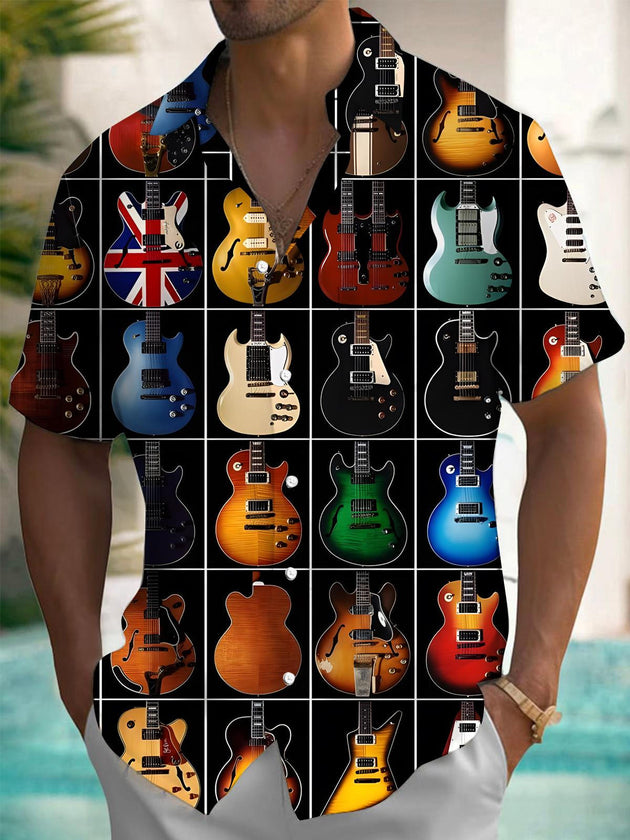 Men's black guitar print short sleeve shirt front view