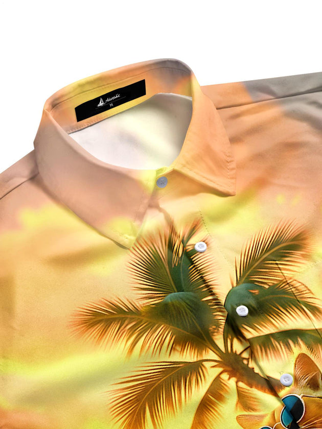 Men's Hawaiian guitar print short sleeve shirt side view with tropical motif
