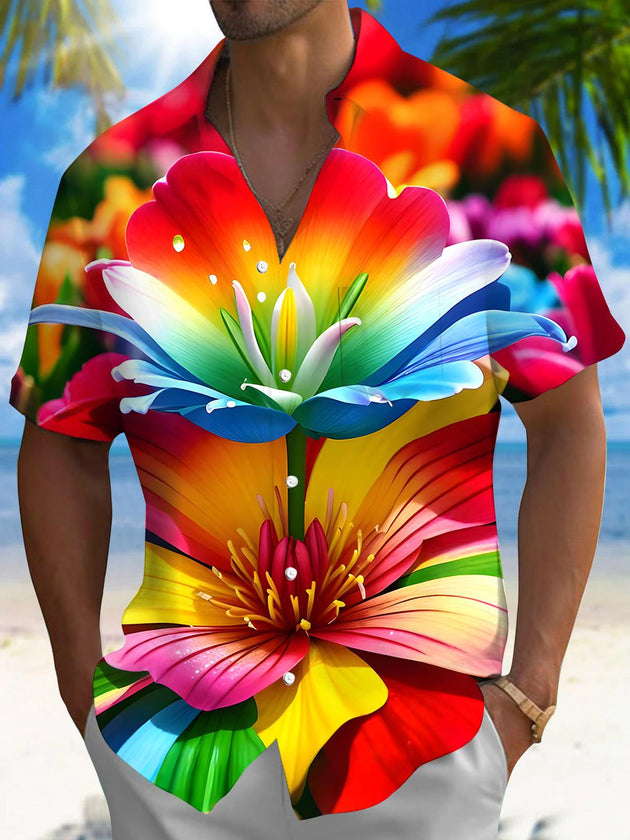 Men's Hawaiian floral pocket short sleeve shirt front view for tropical beach vacation