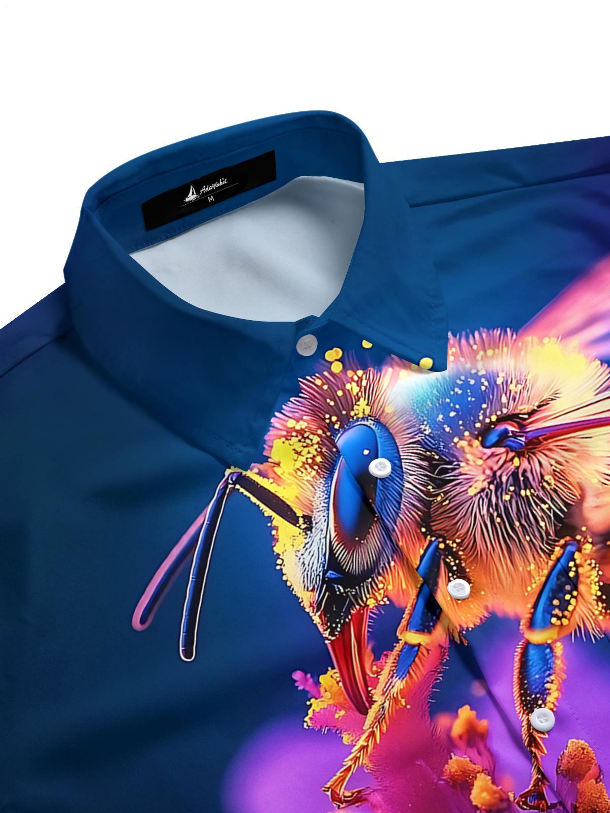 Bee Flower Print Men's Pocket Short Sleeve Shirts