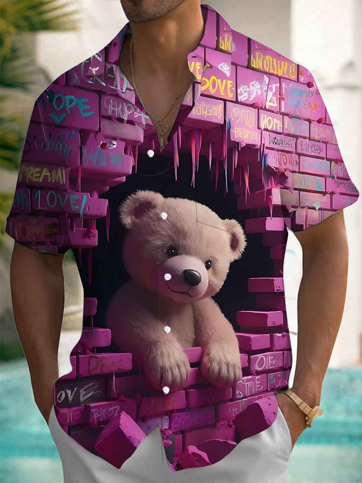 Funny Bear Print Men's Pocket Short Sleeve Shirts