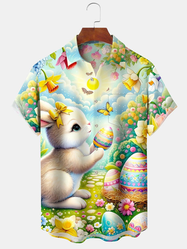 Men's Easter egg bunny pattern short sleeve shirt front view