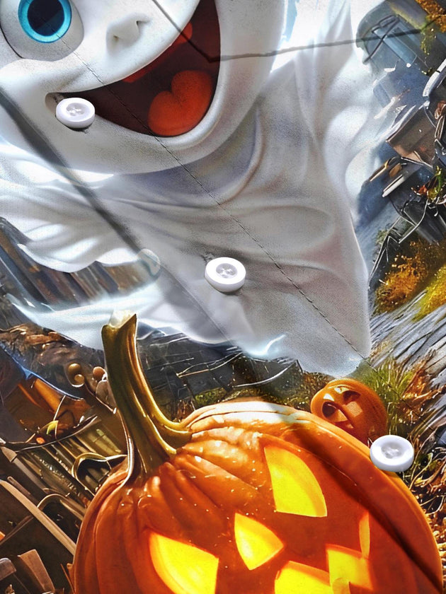 Men's Halloween ghost pumpkin print short sleeve shirt flat lay pattern detail