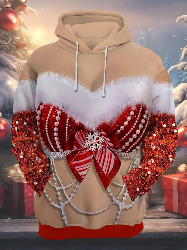 Men's Christmas print long sleeve hoodie front view for holiday party