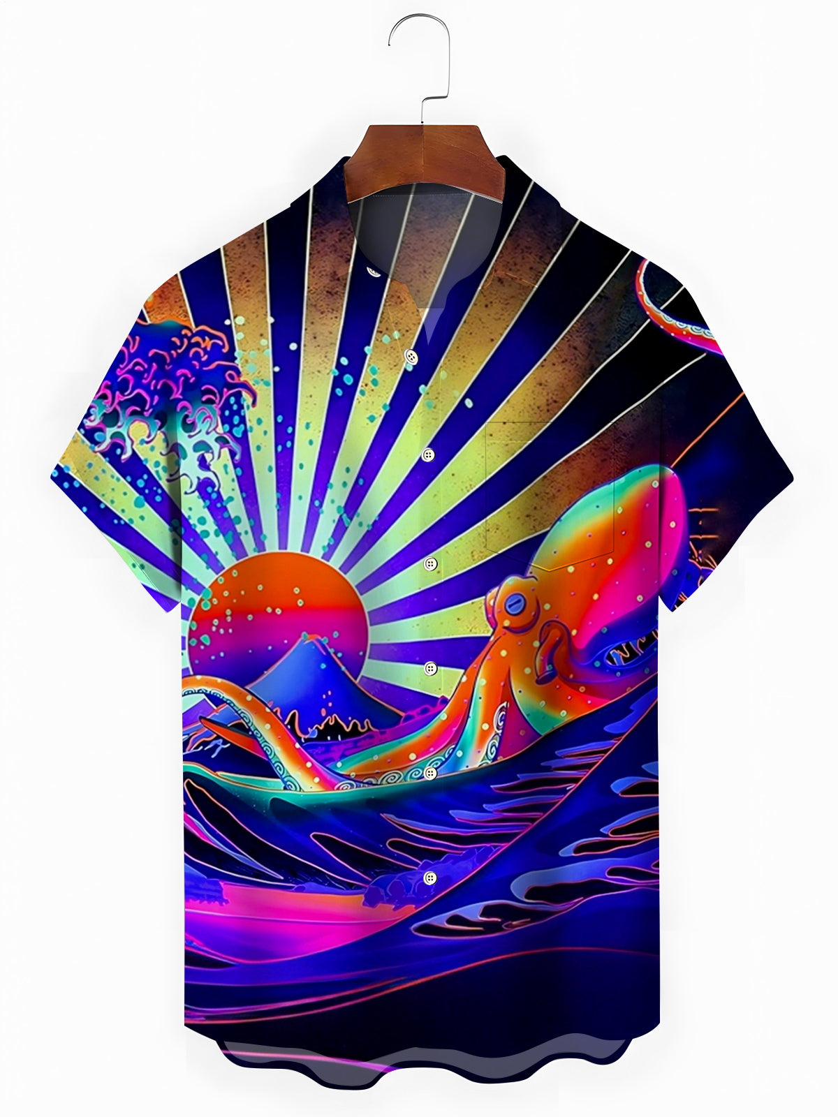 Wave Octopus Sun Print Men's Pocket Short Sleeve Shirts