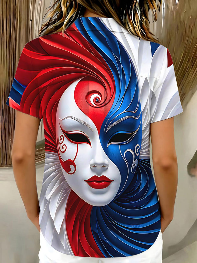 Art Venetian Mask Red Blue White Face Women's Short Sleeve Shirts
