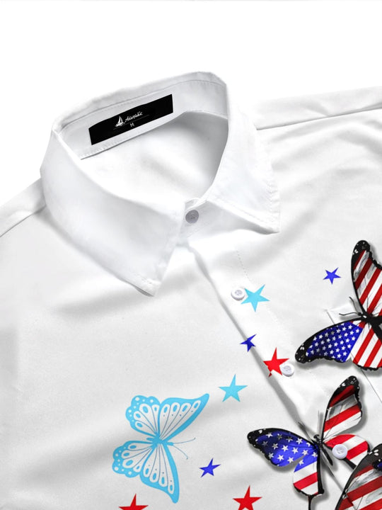 American Flag Butterfly Print Men's Pocket Short Sleeve Shirts
