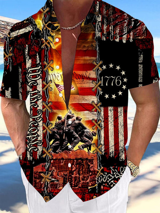 Men's American flag print pocket short sleeve shirt front view for Independence Day