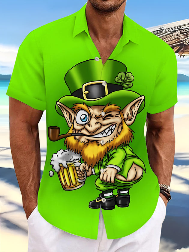 St. Patrick's Day Leprechaun Print Men's Pocket Short Sleeve Shirts