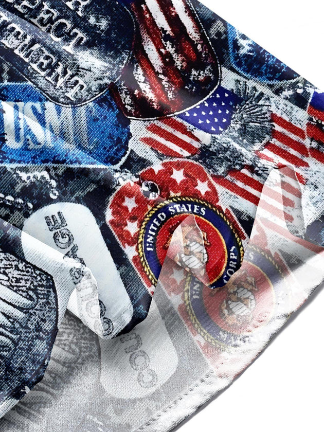 Men wearing American flag print short sleeve shirts celebrating Independence Day outdoors