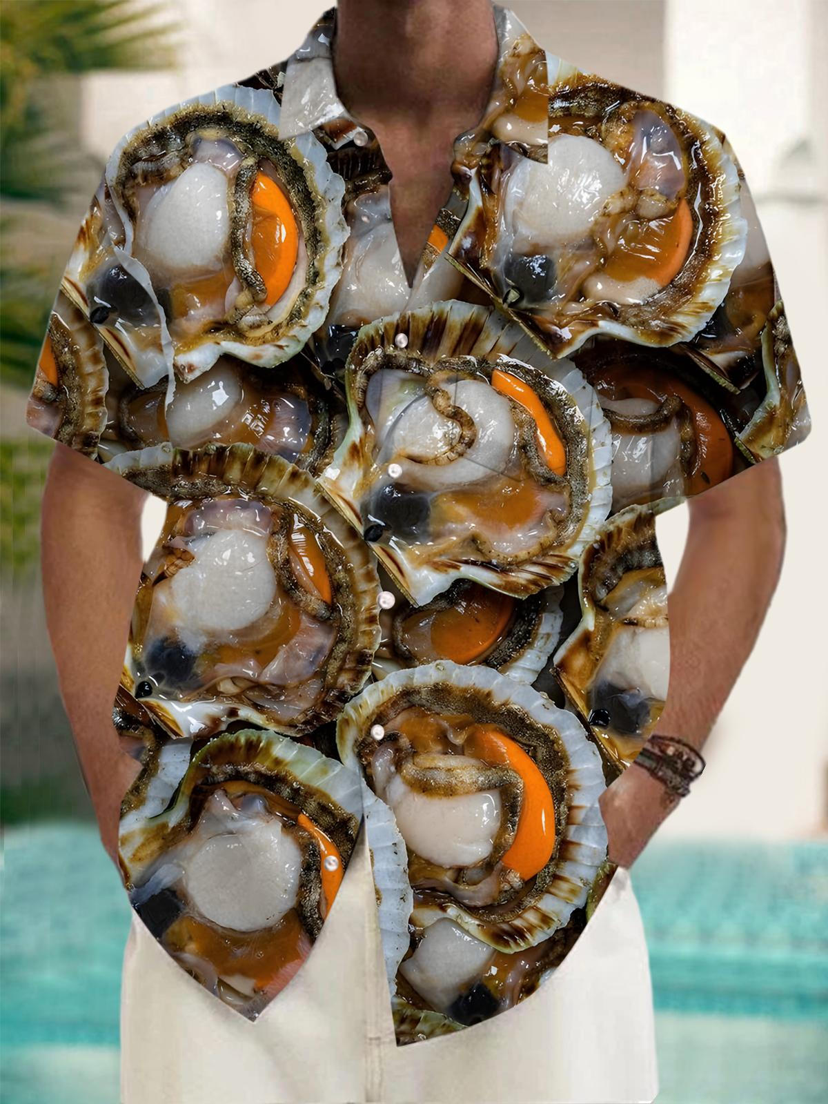 Seafood Scallop Print Men's Pocket Short Sleeve Shirts