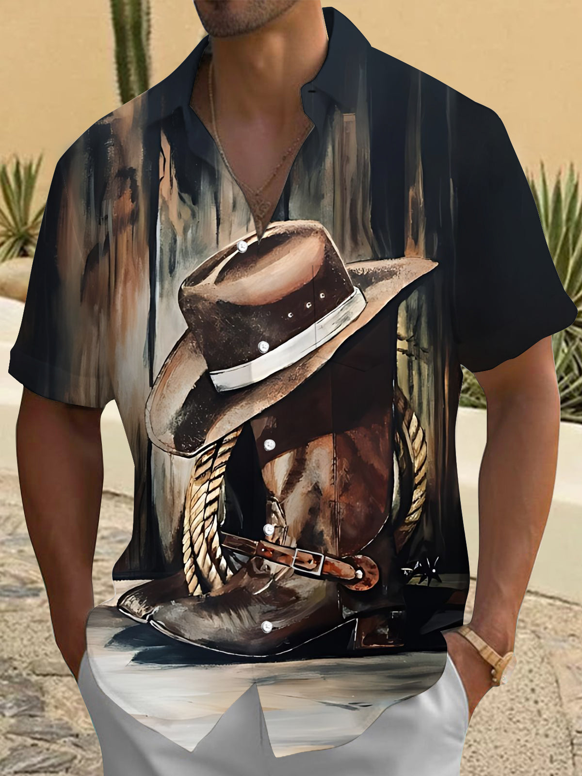 Western Cowboy Hat Boot Print Men's Pocket Short Sleeve Shirts